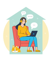 Work from home concept. Vector illustration of a young pretty woman sitting in a red armchair and working on a laptop inside the house silhouette. Isolated on background
Important information