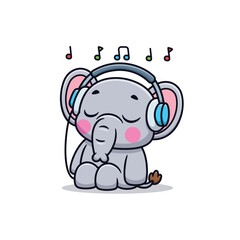 Cute Elephant Listening Music With Earphone Cartoon Vector Icon Illustration. Animal Music Icon Concept Isolated Premium Vector. Flat Cartoon Style
