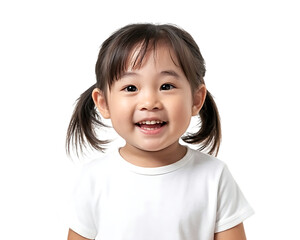 Happy little girl portrait isolated on transparent background with white tshirt