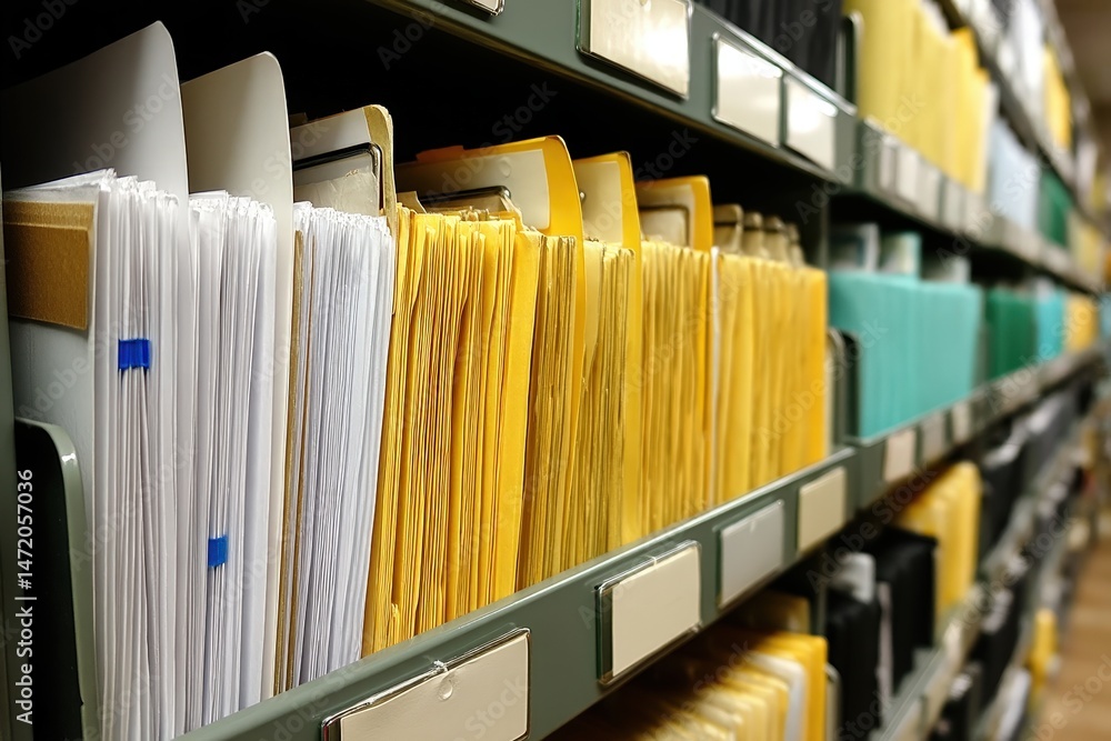 Poster organizing medical records in a file cabinet for efficient access and management of patient informat