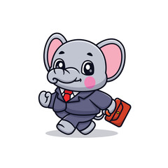 Cute Cartoon Elephant Working Holding Suitcase Illustration Icon Vector, Animals Business, Cartoon Style Flat