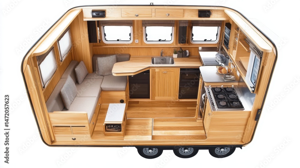 Poster layout plan of tiny house with built-in storage, convertible spaces, and efficient design