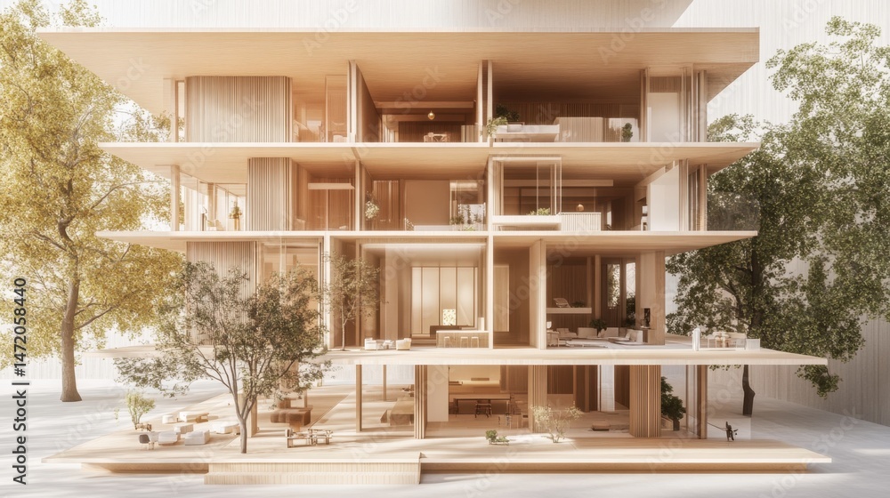Poster mixed-use building design with detailed section view and interior zoning breakdown