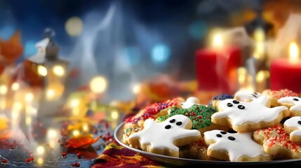 Obraz premium Festive Ghost-Shaped Cookies with Colorful Sprinkles on a Decorative Plate for Halloween Treats