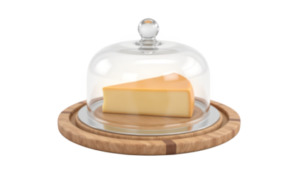 Elegant cheese platter presentation under glass dome on rustic wooden board gourmet