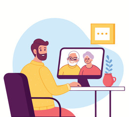 Online interview. Vector flat modern illustration of a man talking to a young woman on a video call on his computer. Isolated on background