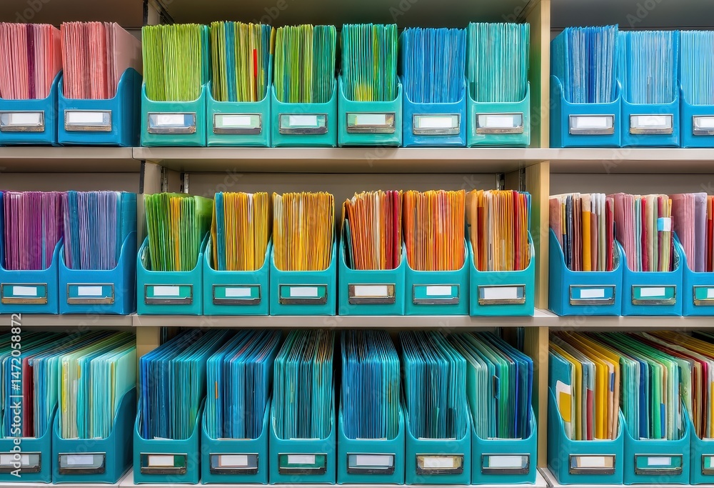 Aufkleber organized collection of colorful medical records binders in a file cabinet for efficient patient dat