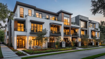 Fototapeta premium Modern architecture featuring overlapping volumes, clean white exteriors, and glass elements