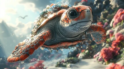 Obraz premium Turtle adorned with plastic waste, surrounded by coral reefs