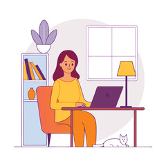 Working from home. Vector illustration of a young pretty woman sitting on a red armchair in her apartment and working on a laptop at the desk. Isolated on white