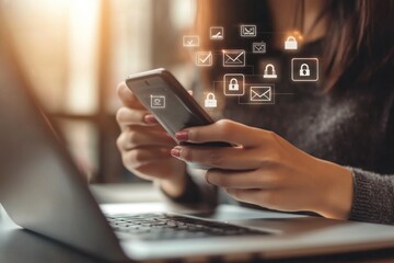 Person using a phone, security icons