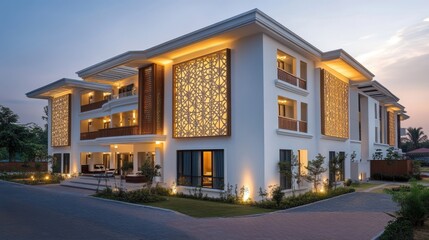 Modern hotel building with clean design, repetitive geometry, and vibrant lighting