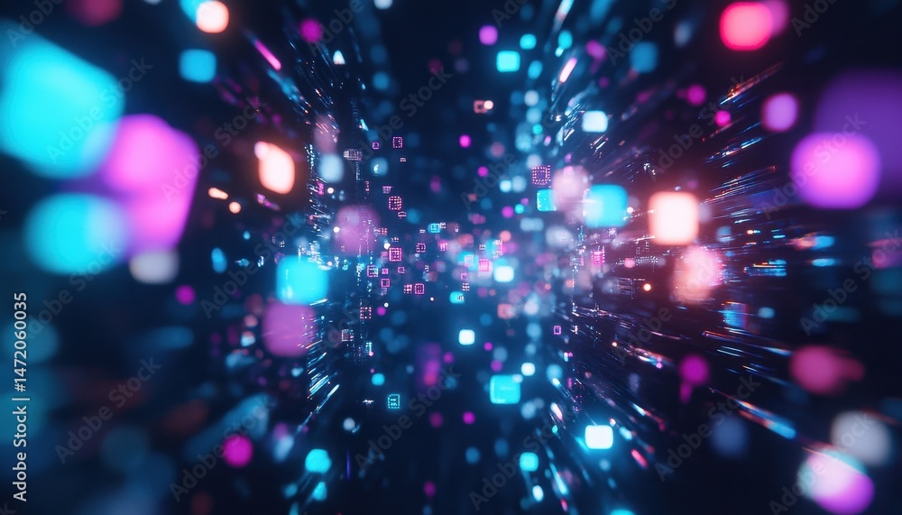 Poster abstract colorful particle background with neon glow and motion blur
