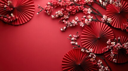Red paper fans and cherry blossoms on a red background