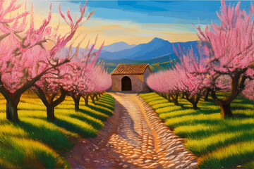 Oil painting image of path theough orchard bordered by peach trees in blossom, leading to stone shed against backdrop of silhouette of Corbières mountains in southern France in springtime