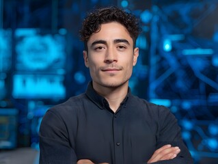 A man with arms crossed, in front of a digital, tech - related backdrop, likely involved in a tech - oriented profession.
