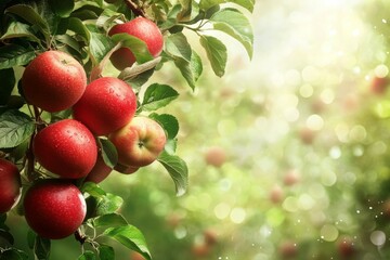 Obraz premium Close-up of ripe apples on tree branch in warm sunlight. AI image