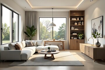 Fototapeta premium Contemporary Living Room with a Cream-Colored Sectional Sofa under Natural Light for relaxation and home decor inspirations. 