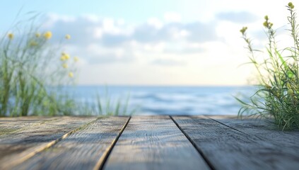 Coastal wooden platform bathed in morning sun.  Soft focus on  grassy shoreline