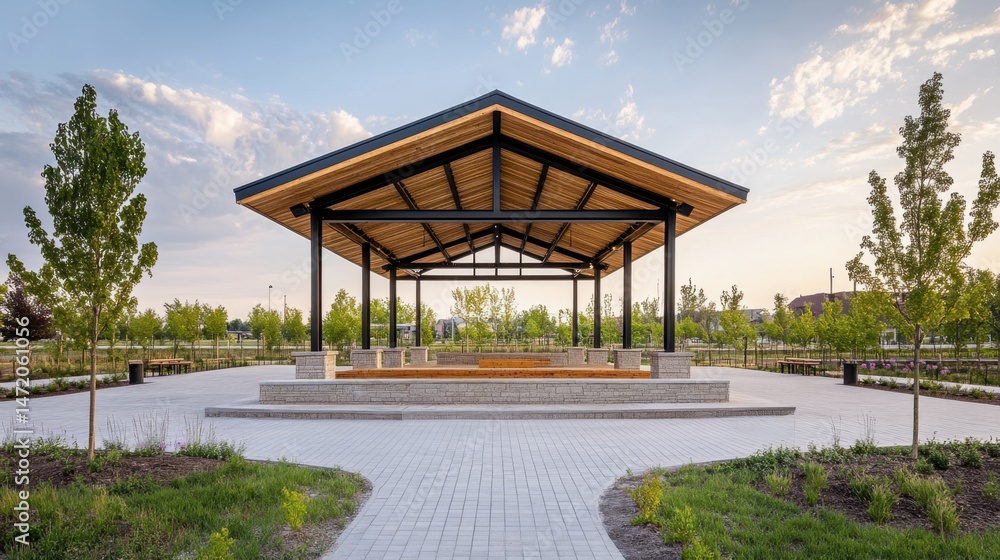 Poster pavilion structure with exposed framework and tensile canopy stretched above