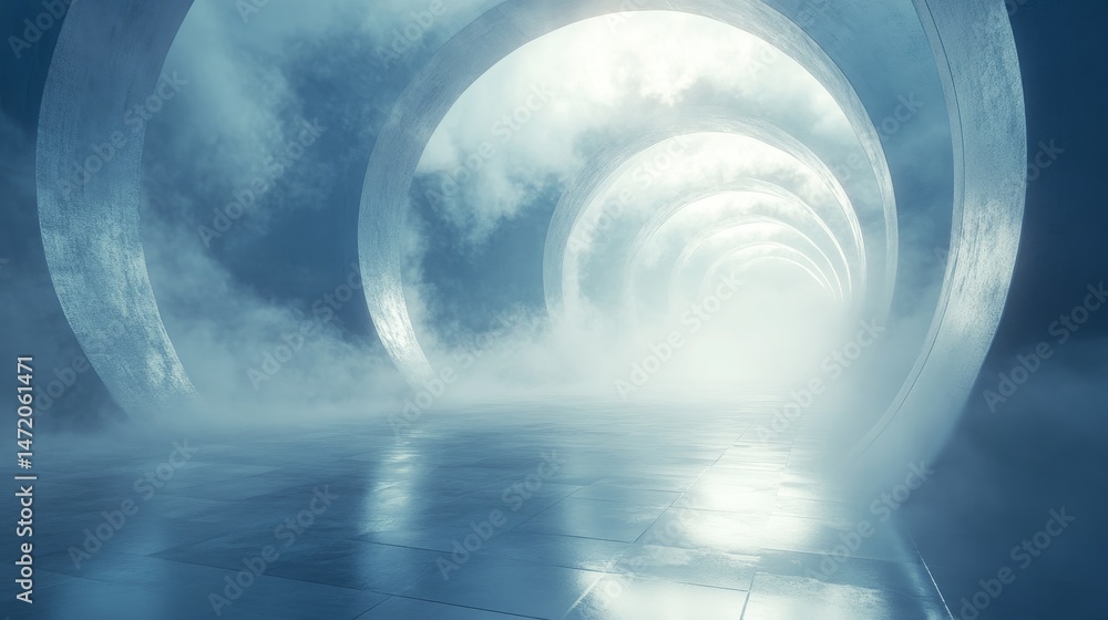 Poster abstract, futuristic tunnel with circular arches and soft light.
