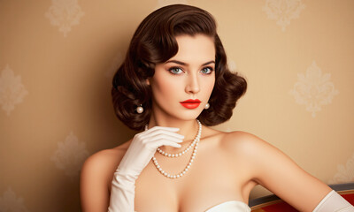 Retro glamour fashion model in 1950s pin-up outfit satin gloves curled hair Generative AI © Photo Builder