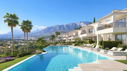 Fototapeta premium Real estate project design with contemporary townhouses in a gated community with spacious courtyards