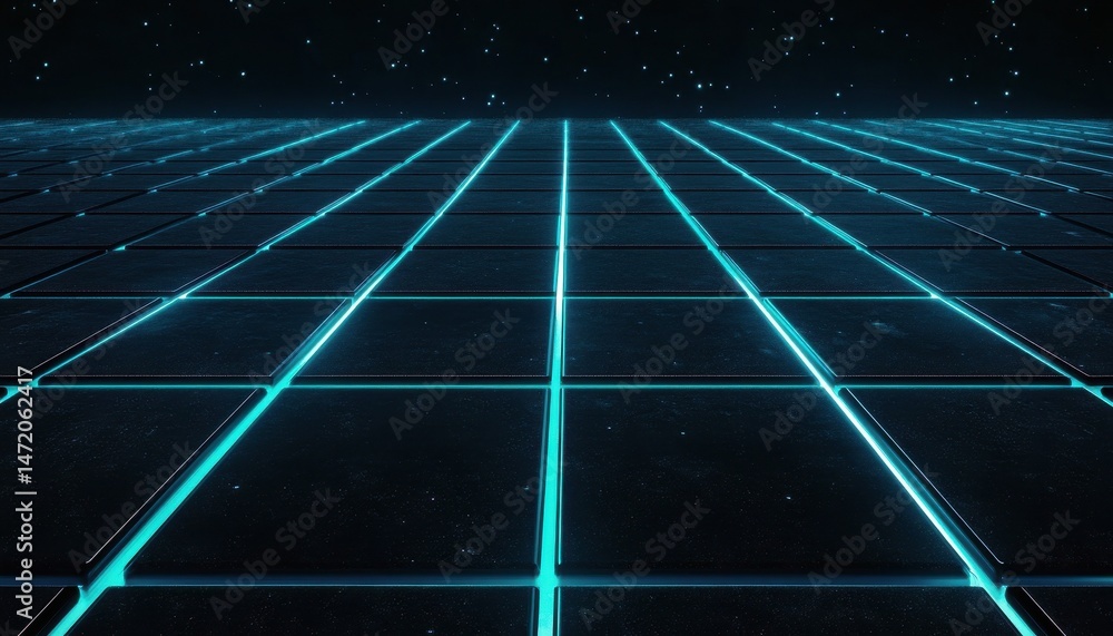 Poster Abstract Digital Grid Pattern with Cyan Lines and Stars