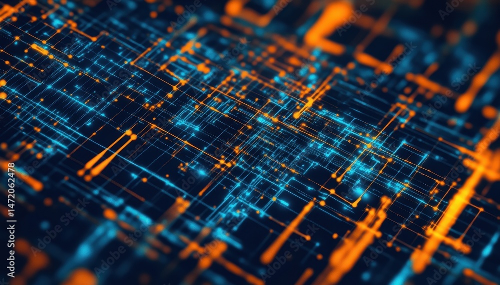 Poster abstract digital network: glowing blue and orange circuit lines
