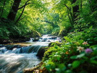 Fototapeta premium Emerald Stream Winding Through Springtime Woods