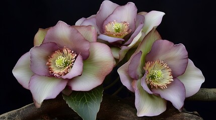 Three Elegant Mauve Hellebore Flowers on Wood