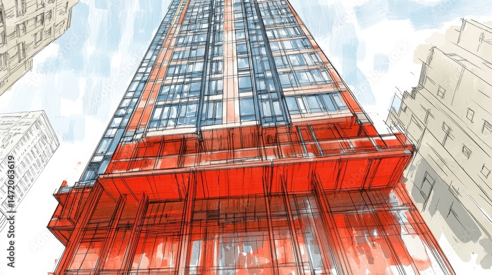 Aufkleber technical document layout showing seismic bracing and core wall placements in tall building