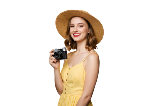 A woman in a summer dress and sun hat holding a camera and smiling, isolated