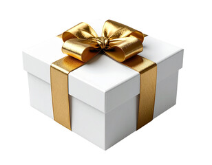 Obraz premium White Gift Box with Shiny Gold Ribbon, Transparent PNG