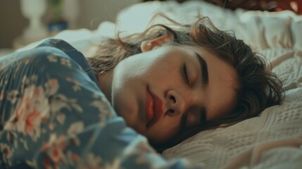 Obraz premium Peaceful woman sleeping in bed with soft sheets stock photo --ar 16:9 --raw --v 6 Job ID: 78b6c271-2e70-4773-8c3b-247b9cce7ba8