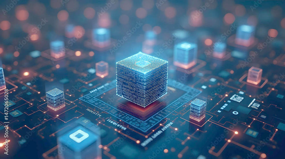 Aufkleber A central glowing blue cube pulsates above a network of interconnected lines and nodes with blurred lights, suggesting advanced technology and data flow.
