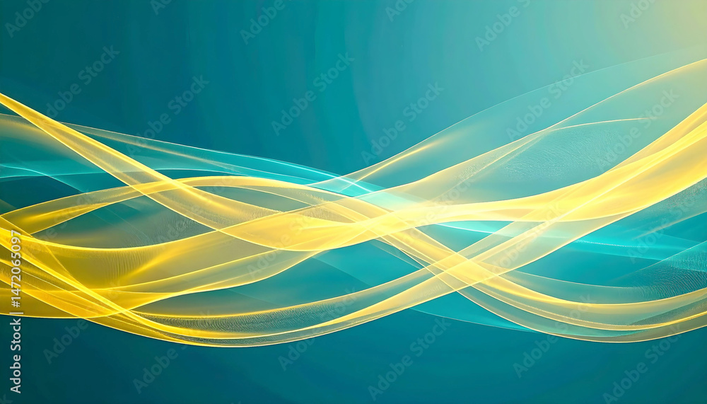 Poster Translucent yellow and teal waves flow dynamically across a deep teal background, creating a futuristic and abstract digital artwork