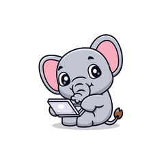Cute Cartoon Elephant Working Using Laptop Illustration Icon Vector, Animals Technology, Cartoon Style Flat