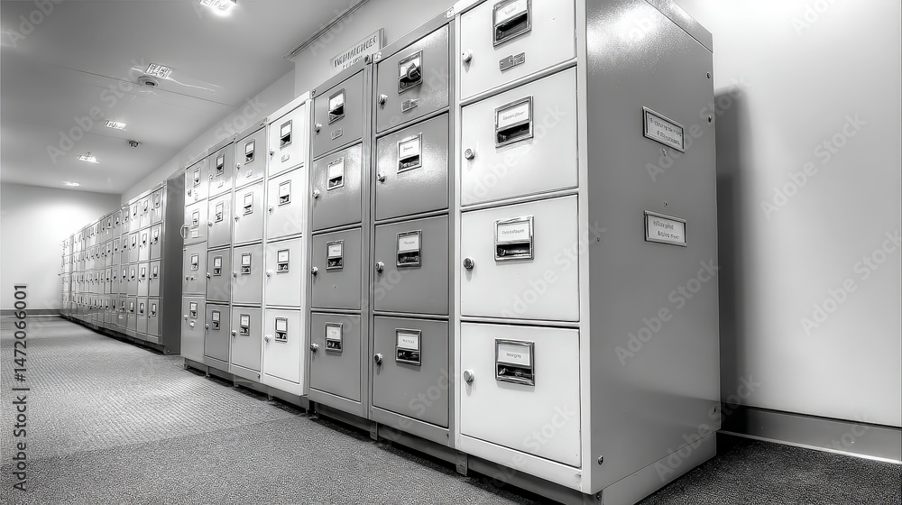 Poster modern filing cabinet storage for medical records in a clean office environment with multiple compar
