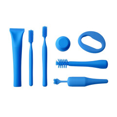 "Set of Dental Care Tools for Cleaning Teeth – Toothpaste, Floss, Mouthwash, and Toothbrush in 3D Glossy Style, Vector Illustration for Kids"