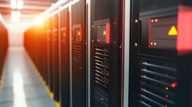 Modern data center with server racks and bright lighting