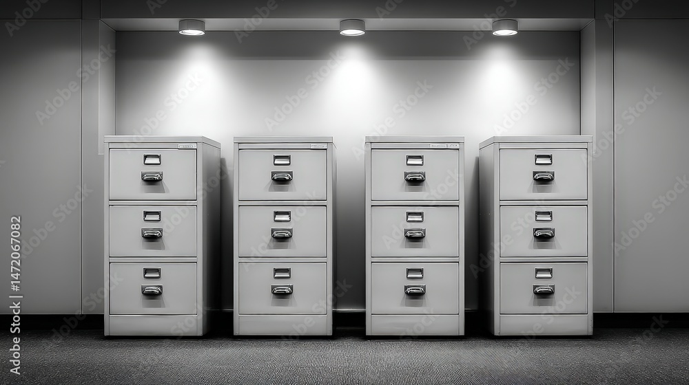 Poster modern office file cabinet with medical records in a well-lit space for efficient document organizat