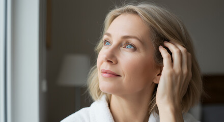 Radiant Beauty: Confident Woman with Captivating Blue Eyes & Glowing Skin, Embracing Natural Elegance & Serenity