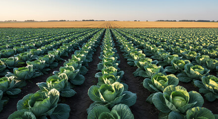 Fototapeta premium Cabbage Field: Rows of Green, Golden Harvest, and a Blue Sky Landscape. Fresh Vegetable Crop. Agriculture, Farming, Nature, Food, Farm.