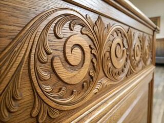 Naklejka premium Intricate Swirl Carving on Rich Oak Wood Panel