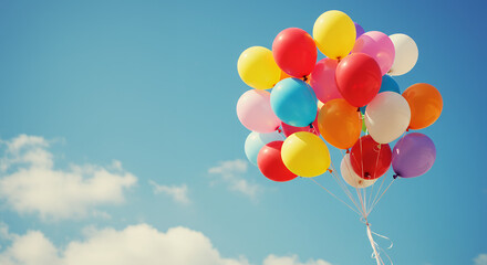 Colorful Balloons Floating in Blue Sky: Joy, Celebration, and Freedom - Bright, Cheerful, and Uplifting Imagery!