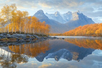 Fototapeta premium Majestic mountains reflected in calm waters surrounded by golden autumn trees under a soft, cloudy sky.