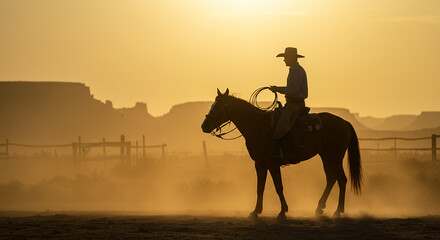 Cowboy Silhouette: Golden Hour Ride Through Western Dust - Majestic Horseback Adventure in the American West