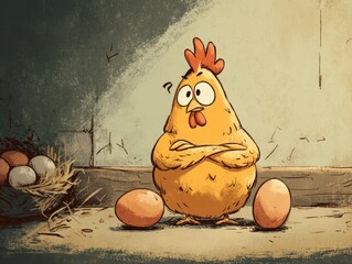 Curious fowl contemplates its eggs in rustic setting.