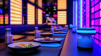 Futuristic dining experience showcasing vibrant neon lights and beautifully plated dishes